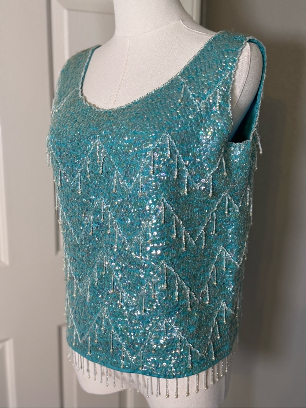 Vintage Turquoise Beaded Sequin Tank Top